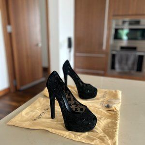 Louis Vuitton Black Monogram Sequins,Mesh and Suede Peep Toe Pumps